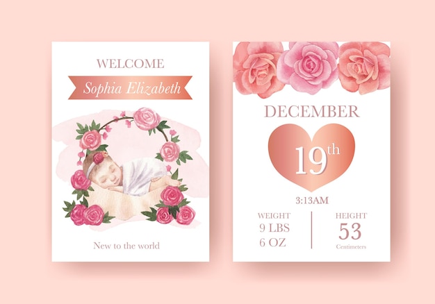 Free vector card template with newborn baby concept,watercolor style