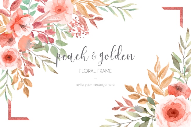 Шаблон карты с персиком и золотыми цветами и листьями