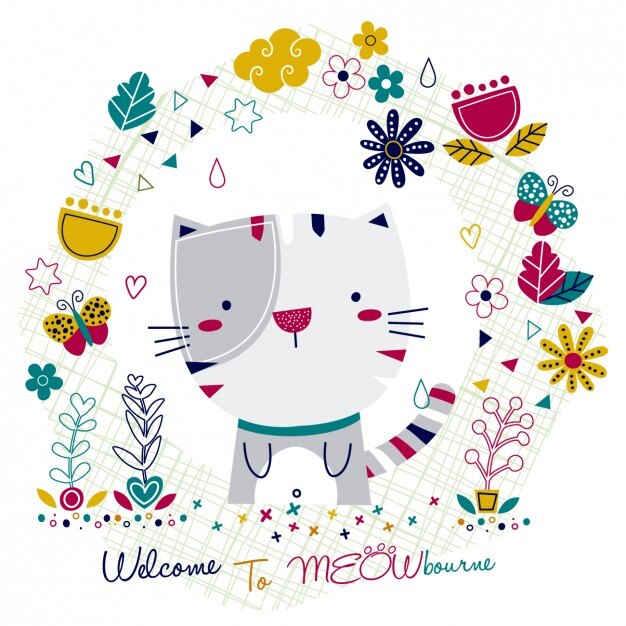 Free Vector card with cat and floral frame