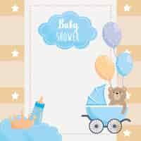 Free vector card with label and teddy bear with feeding bottle