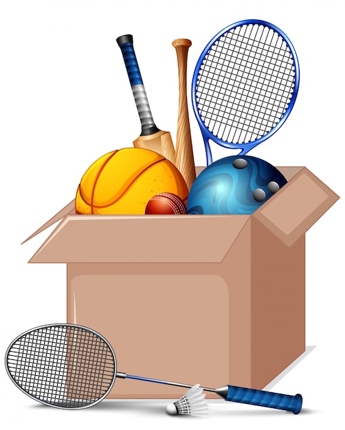 Free vector cardboard box full of sport equipments isolated