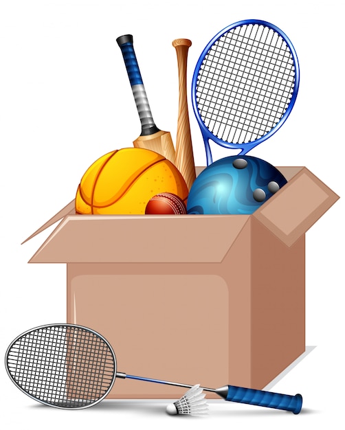 Cardboard box full of sport equipments isolated