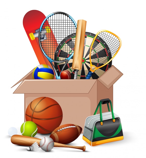 Free vector cardboard box full of sport equipments on white