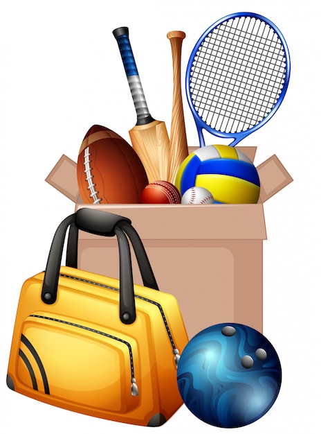 Free Vector cardboard box full of sport equipments on white
