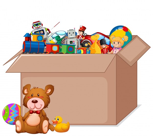 Cardboard box full of toys on white
