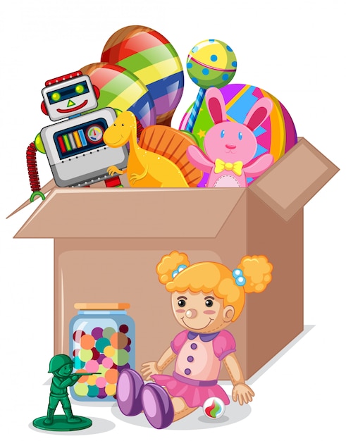 Cardboard box full of toys on white