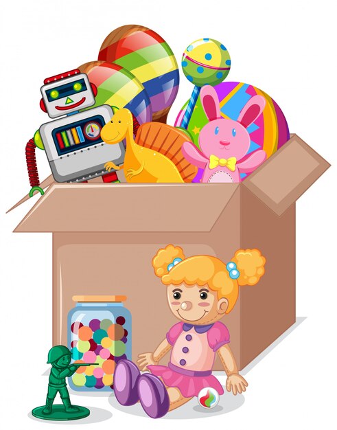 Cardboard box full of toys on white