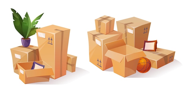 Free vector cardboard box piles with house stuff