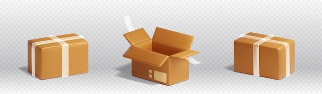 Free vector cardboard boxes for delivery or storage of products 3d render vector illustration of carton packages for sending by mail closed and open brown paper parcel with transparent adhesive tape