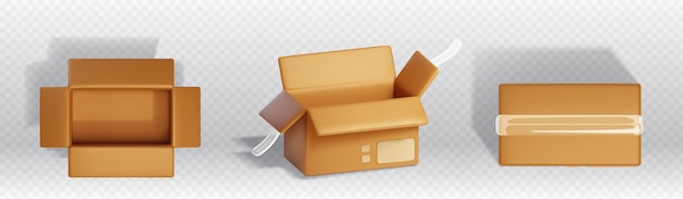 Бесплатное векторное изображение Картонные коробки для доставки или хранения продуктов 3d-рендер векторная иллюстрация картонных упаковок для отправки по почте закрытая и открытая посылка из коричневой бумаги с прозрачной клейкой лентой