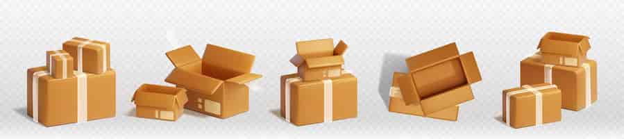 Free vector cardboard boxes in piles for delivery and storage of goods 3d render vector illustration set of brown carton closed and open parcels in stacks heaps of packages for distribution and shipping concept