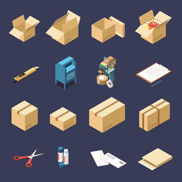 Free vector cardboard delivery boxes and tools for packaging isometric icons set isolated