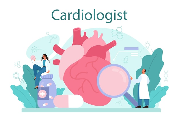 Cardiologist concept Idea of heart care and medical diagnostic Doctors treat heart disease Internal organ Isolated illustration in cartoon style