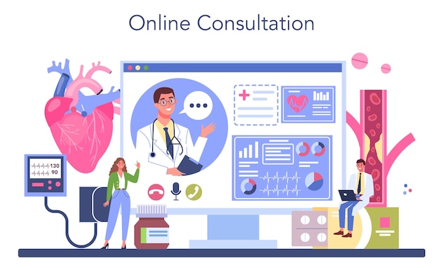 Servizio o piattaforma online cardiologo idea di cura del cuore e cardiologia trattamento diagnostico e del sistema circolatorio consultazione online illustrazione vettoriale piatta