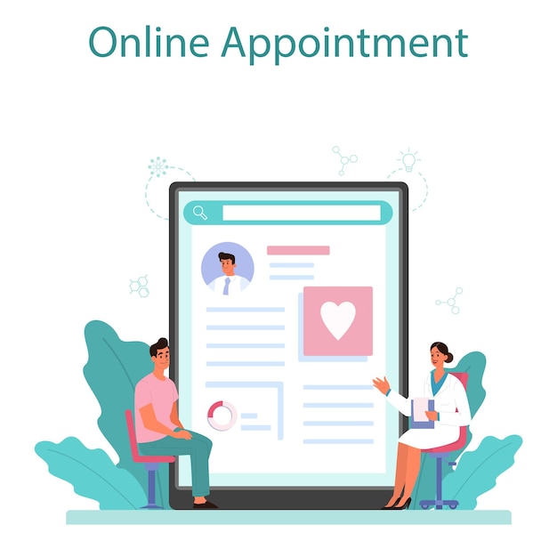 心臓病専門医のオンラインサービスまたはプラットフォーム心臓治療と医療診断のアイデア医師は心臓病を治療しますオンライン予約フラットベクトルイラスト