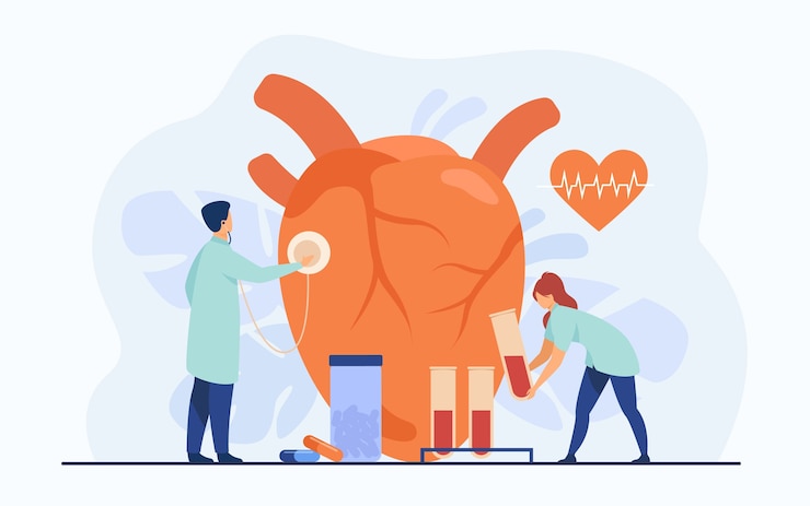 Free Vector cardiologists examining heart with stethoscope and blood samples in lab tubes among pills and heartbeat diagram. vector illustration for cardiology, medical examination, heart disease concept