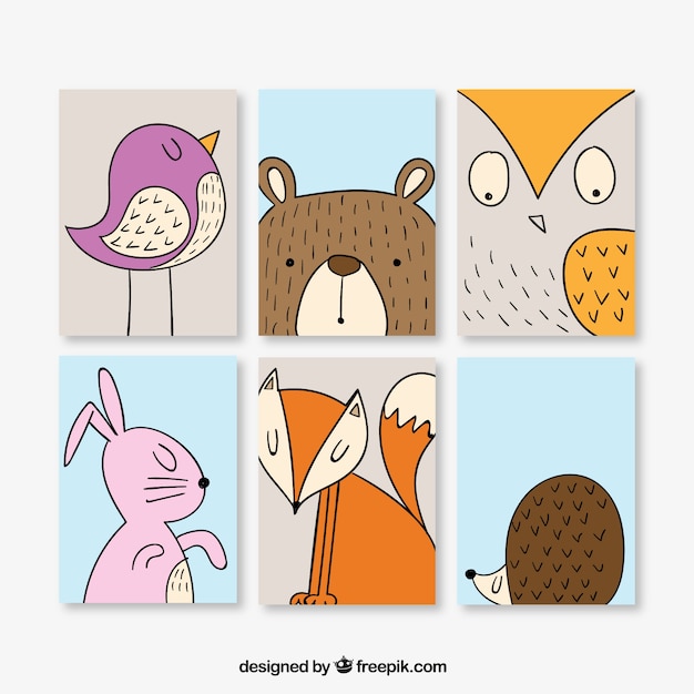 Free vector cards beautiful set of hand drawn animals