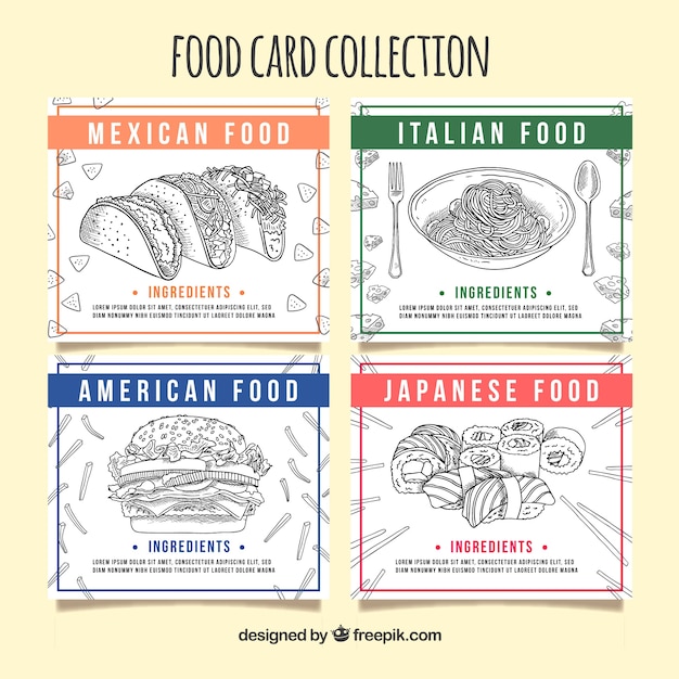 Collezione di carte con cibo diverso