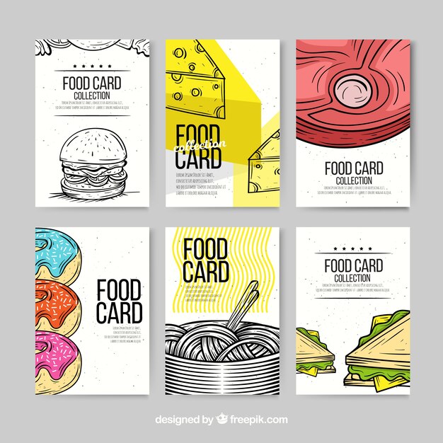 cards collection with different food