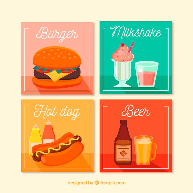 Free vector cards collection with fast food