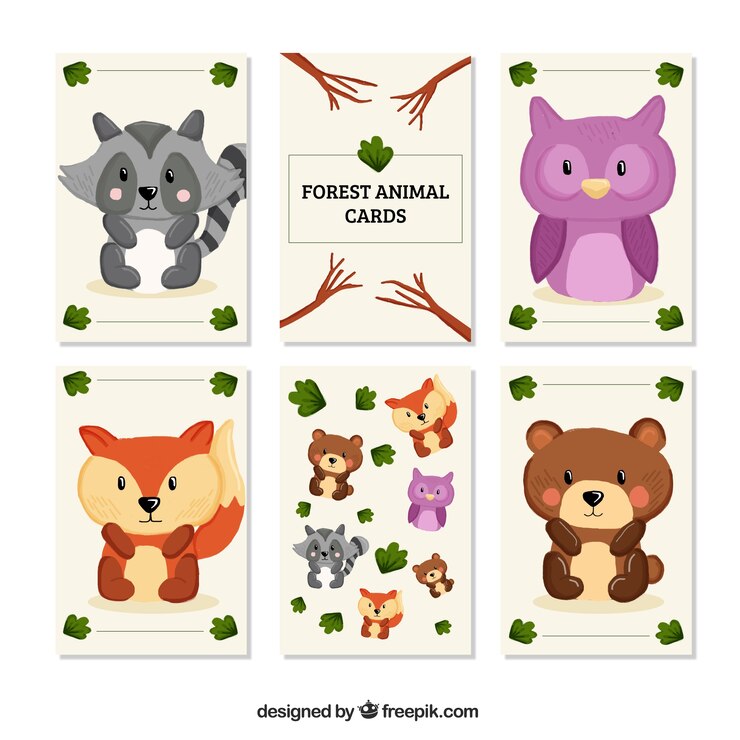 Free Vector cards pack of hand drawn little forest animals 