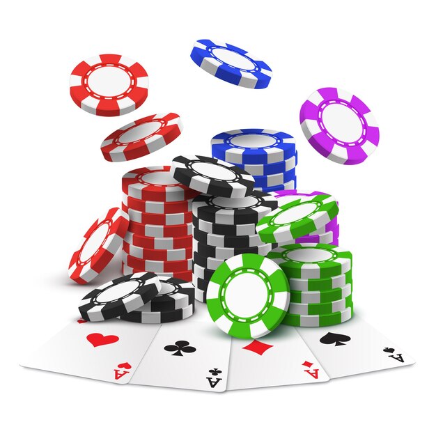 Cards and realistic stack or heap of poker chips. Black and blue, green and red 3d casino cash in pile or tower near aces.