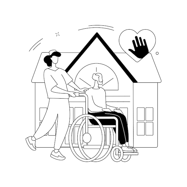 Vettore gratuito illustrazione vettoriale del concetto astratto di cura della disabilità sindrome di downs per la cura della disabilità anziano su sedia a rotelle aiuto per gli anziani metafora astratta dei servizi di assistenza infermieristica professionale domiciliare