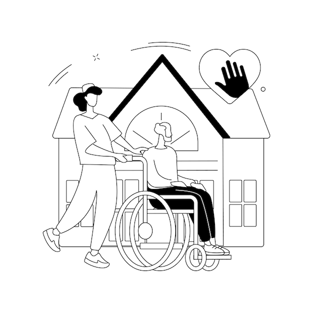 障害者のケア抽象的な概念ベクトル図障害者ケアダウン症高齢者のための車椅子の助けのシニアプロの在宅介護サービス抽象的なメタファー