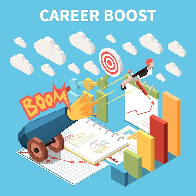 Career boost isometric composition with diagrams analytics and shoot a woman out of a cannon vector illustration