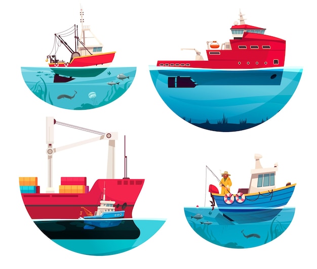 Бесплатное векторное изображение Иконки грузовых и круизных кораблей с морскими символами плоские изолированные векторные иллюстрации