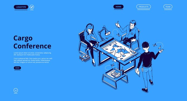 Cargo conference isometric landing page, business people discuss global freight distribution at desk with world map in office. international company logistics operations control, 3d