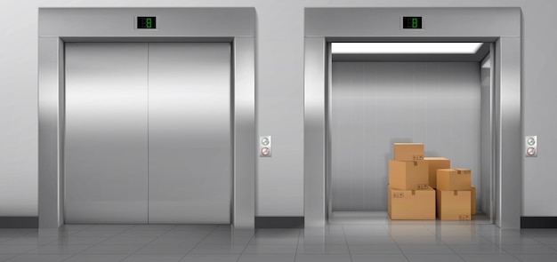 Cargo elevators with closed and open doors in hallway