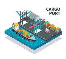 貨物トラック等尺性組成物図と施設の色コンテナー船の読み込みと貨物港