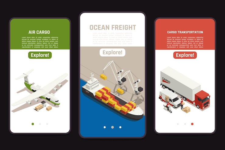 Free Vector cargo transportation 3 isometric mobile screens with air carrier ocean vessel freight trucking delivery van  illustration