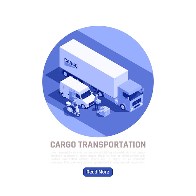 Бесплатное векторное изображение Изометрическая иллюстрация грузоперевозок с грузовиком и городским транспортом, предназначенным для доставки различных грузов