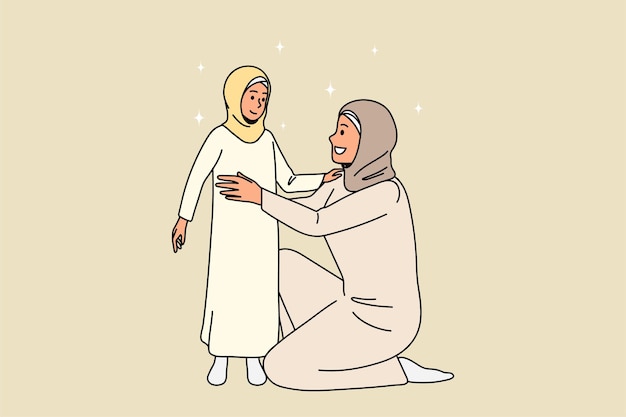 伝統的な服を着た思いやりのあるイスラム教徒の母親は、小さなイスラムの子供を抱きしめ、愛とサポートを示しています。幸せなイスラム教徒のお母さんは小さなイスラム教の子供を抱きしめます。文化、宗教の概念。ベクトルイラスト。