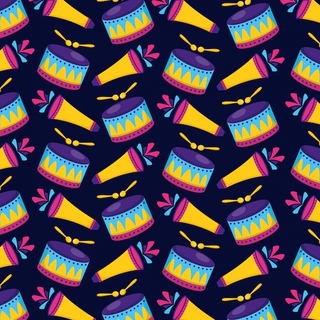 Free vector carnival drum and fireworks seamless pattern