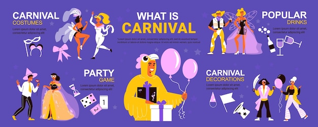 Infografica di carnevale con personaggi umani isolati di persone in costumi festivi, maschere e didascalie di testo modificabili