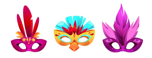マスカーレードパーティーやマーディ・グラ・フェスティバルのカーニバル・マスク 羽毛と装飾で顔を偽装するための衣装のベクトルセット 伝統的な演劇やエンターテインメントのカモフラージュ要素