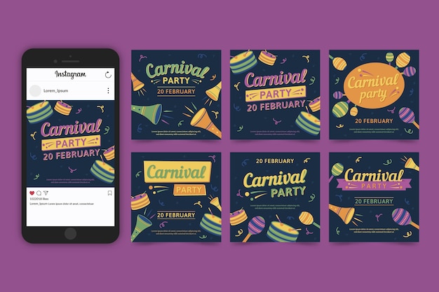Бесплатное векторное изображение Пост-коллекция карнавальных вечеринок в instagram