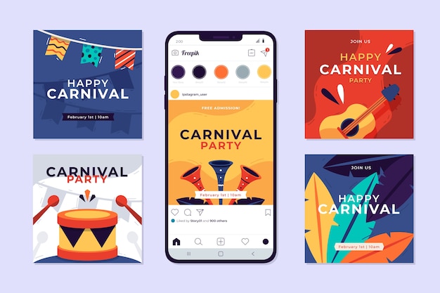 Vettore gratuito collezione di post instagram festa di carnevale