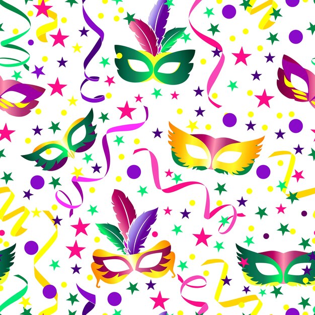 Carnival seamless background with stars, mask and ribbons