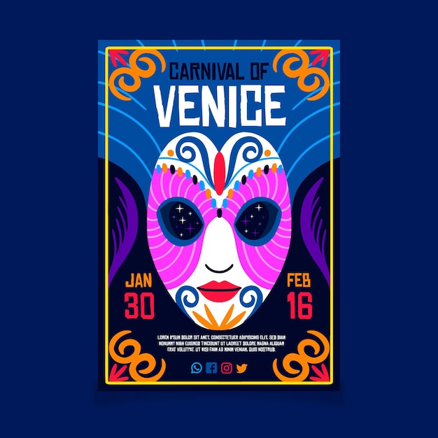 Vettore gratuito modello di poster di carnevale di venezia