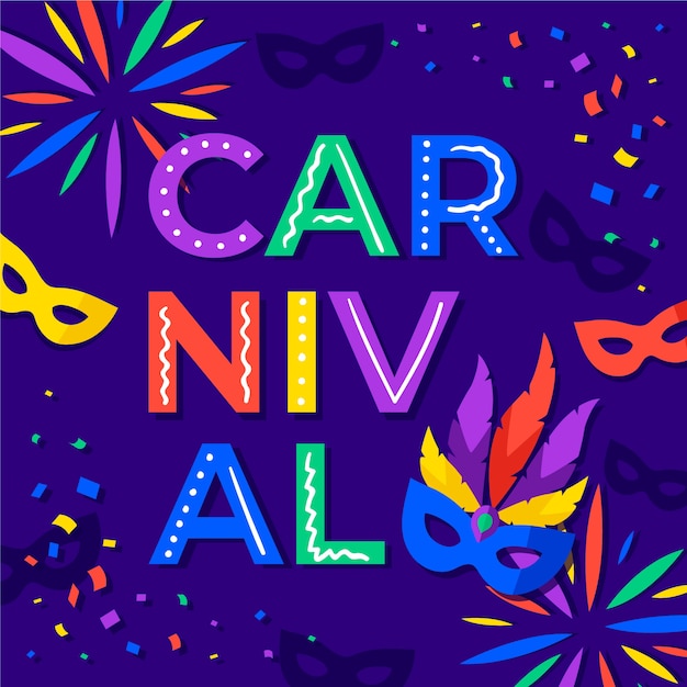 Free vector carnival with masks and confetti in flat design