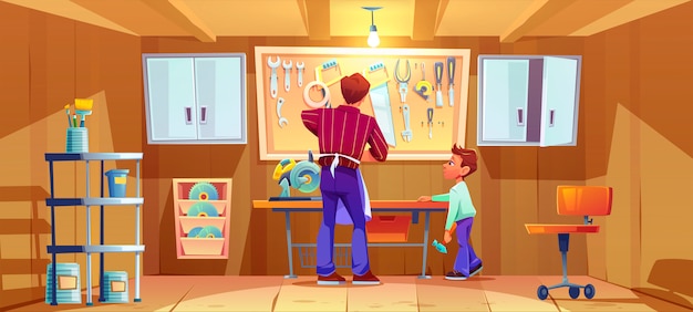 Free vector carpenter and his son do craft or repair on workbench in garage. cartoon illustration of workshop interior with carpentry tools and instruments. boy with hammer helps father