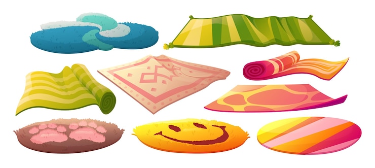 मुफ़्त वेक्टर carpets set, rectangle and round floor rugs isolated on white background. vector cartoon collection of cloth mats for home interior, picnic and pets, cotton woven and fluffy carpets