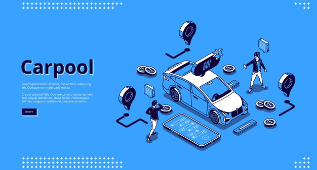 Баннер carpool. концепция совместного использования кабины, совместное использование автомобилей для путешествий и поездок. целевая страница сообщества водителей и пассажиров с изометрическими людьми, транспортным средством и приложением на телефоне