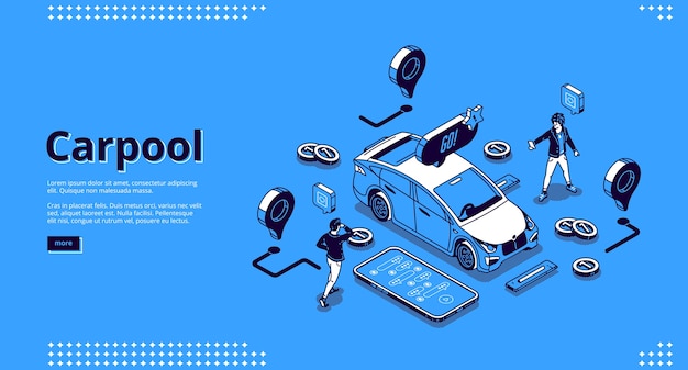 Free vector carpool banner. cab sharing concept, carpooling for travel and road trip. landing page of community drivers and passengers with isometric people, vehicle and application on phone