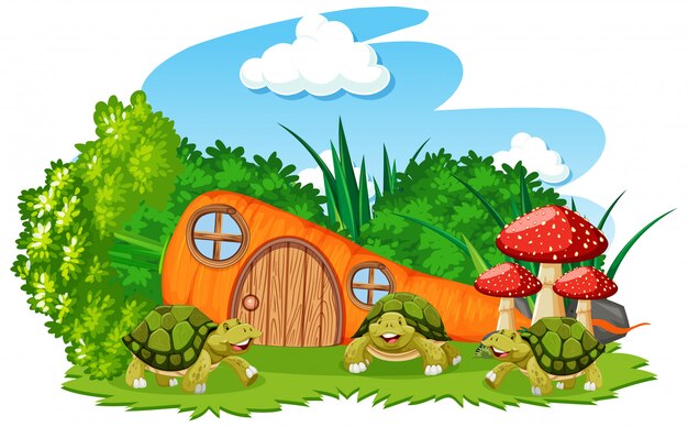 Carrot house with three turtles cartoon style on white background