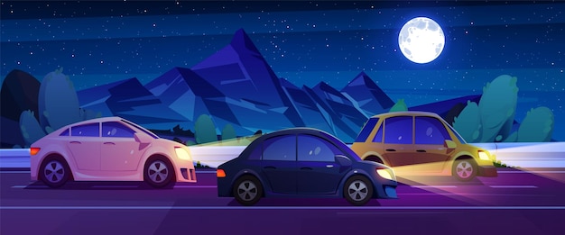 Free vector cars drive along country road near mountains and trees at night under starry sky cartoon vector of midnight landscape with rocky peaks automobiles traveling on asphalt highway under moonlight